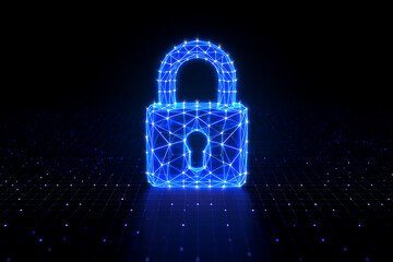 Abstract blue digital padlock on grid background
