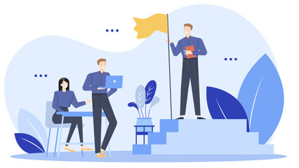 Fototapeta premium Three people holding a yellow flag with blue leaves, symbolizing unity and environmental consciousness; suitable for ecofriendly campaigns and teamwork themes.