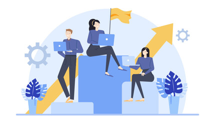 Three people working on laptops with a yellow arrow pointing upward. Perfect for business, teamwork, success, growth concepts.