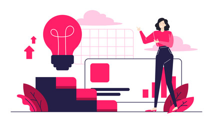 Conceptual photo of a woman posing next to a lightbulb, symbolizing creativity and inspiration. Suitable for marketing, advertising, and design projects.