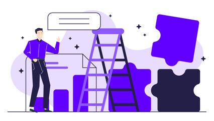 Man near a ladder and puzzle pieces, suitable for problem-solving, teamwork, construction, solutions, growth, puzzles, ladder climbing concepts.