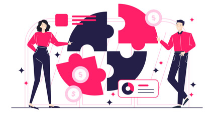 Two people with puzzle symbolizing financial success. Suitable for finance concepts, teamwork in reaching goals, and investment success themes.