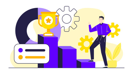 Man stands on purple bar with gold trophy, representing success and achievement. ideal for motivation, sports, and business concepts.