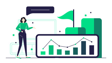 Woman pointing at a graph with a flag on top. Suitable for business presentations, data analysis, financial reports, and marketing strategies.