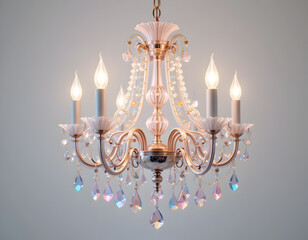 Ornate Crystal Chandelier with Candle-style Lights and Hanging Prisms