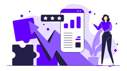 Woman pointing to a phone displaying an upward graph suitable for business presentations, financial websites, technology blogs, investment articles.