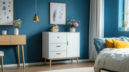 Stylish bedroom interior with a modern cabinet.