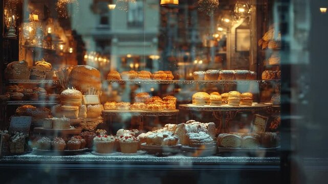 Charming Bakery Display: A Tempting Array of Cakes, Breads, and Pastries in a Shop Window