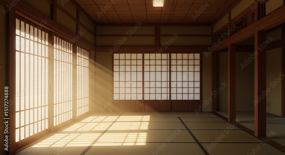 Poster japanese style room with a wooden door and windows. the room is empty and has a simple design. the s
