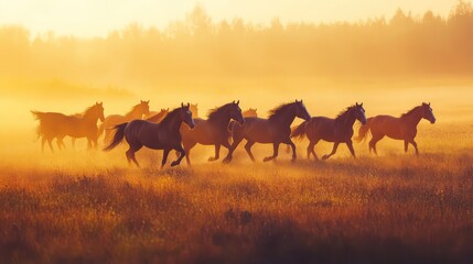 Majestic Horses Running Through Golden Sunrise Meadow