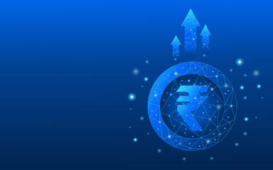 Fototapeta premium Striking digital illustration of the Indian Rupee symbol in a luminous network, symbolizing India's digital currency evolution, fintech, and economic growth on a vibrant blue backdrop with ascending a