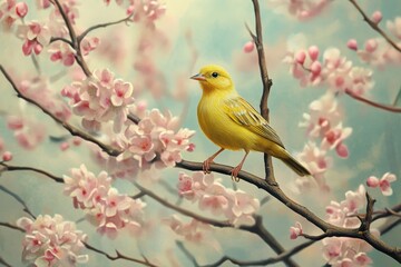 Yellowhammer sings in a blooming tree during spring's vibrant season, yellowhammer sings a spring song on a flowering tree