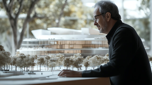 Architect examining a detailed model of a building with miniature trees in a well-lit studio