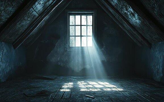 Abandoned spooky attic with cobwebs, faint moonlight through the window, 3D Render Blender Style, middle shot, isolated background, with space for text.