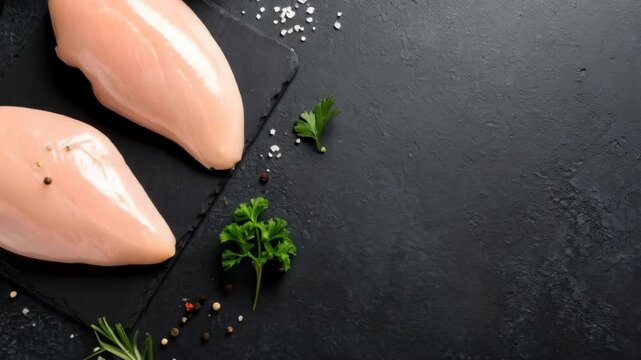 Two raw chicken breasts on a black slate surface surrounded by spices, herbs, salt and olive oil preparing food
