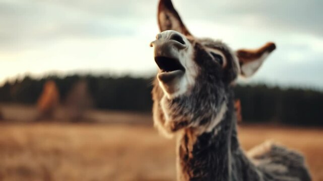 Donkey with an open mouth stands in a sunlit meadow looking happy or surprised