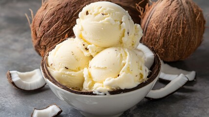 Creamy coconut ice cream scoops in a bowl.