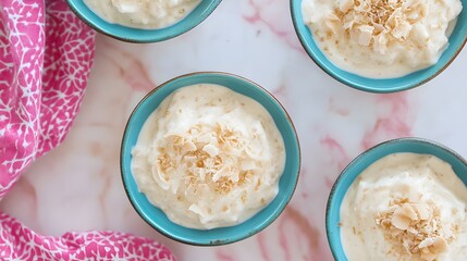 Four small bowls of creamy rice pudding topped with toasted coconut.