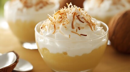 Creamy coconut dessert in small glass bowls.