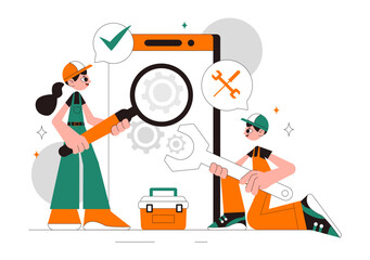 Mobile Repair Vector Illustration Featuring a Telephone or Smartphone Electronic Service with a Broken Screen and Device Malfunction in a Background