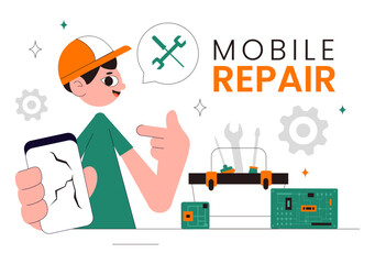 Mobile Repair Vector Illustration Featuring a Telephone or Smartphone Electronic Service with a Broken Screen and Device Malfunction in a Background