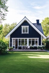 Obraz premium Nestled in a tranquil neighborhood, this charming blue wooden house boasts a vibrant green lawn and an array of blooming flowers under the warm sunshine