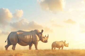 Fototapeta premium Rhino family walks gracefully through the savannah under a golden sky at sunset, A rhino family is walking in the savannah