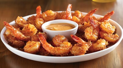 Crispy shrimp appetizers arranged around a dipping sauce.