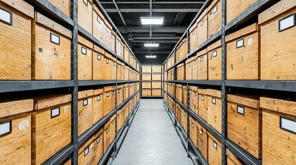 Rows of wooden storage boxes on metal shelving.