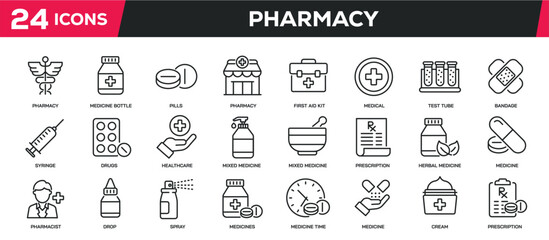 Set of line icons related pharmacy, medicine, drug, healthcare, treatment. Editable stroke. Perfect pixel on transparent background