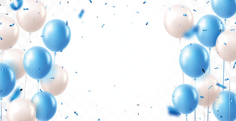 Elegant blue white balloons and party confetti ribbon, for happy Birthday celebration card banner template background
