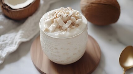 Creamy coconut smoothie in a delicate glass bowl.