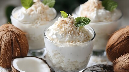 Three glasses of coconut dessert topped with whipped cream.