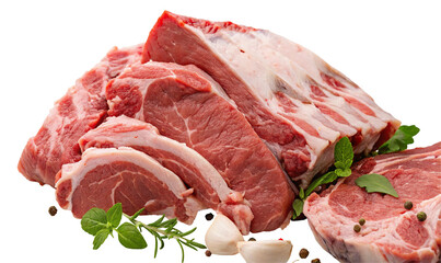 A display of assorted raw meats including ribs steaks and sliced cuts with herbs and garlic cloves near
