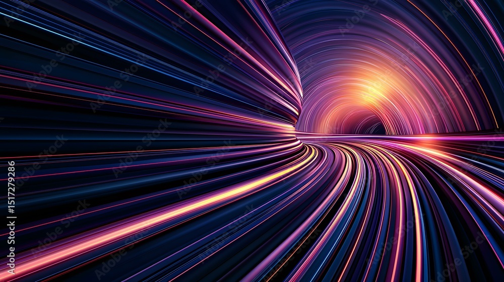 Poster the image shows an abstract representation of a tunnel or vortex, composed of vibrant, glowing lines