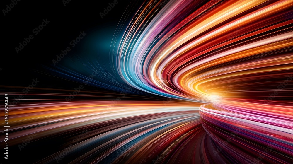 Poster the image contains a swirling vortex of vibrant, multicolored light streaks, creating a dynamic and 