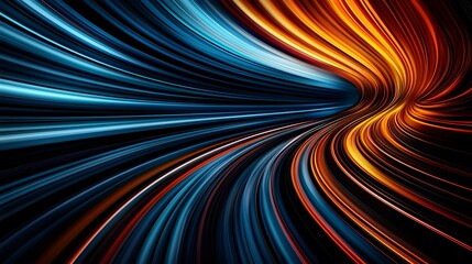 Fototapeta premium The image contains an abstract artwork featuring a swirling vortex of vibrant, multicolored lines. The lines transition smoothly from cool blues and teals on one side to warm oranges and reds on the