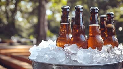 Several cool bottles of beer in an ice bucket outdoors.