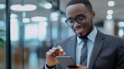 Confident african american businessman using tablet in modern office setting, smiling - Powered by Adobe