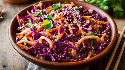 Vibrant bowl of colorful vegetable noodles with sesame seeds.
