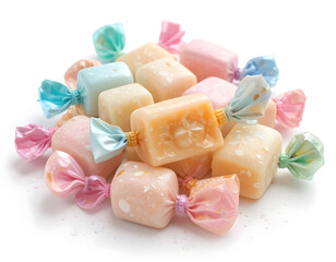 Wrapped Soft Pastel Candies on White Background