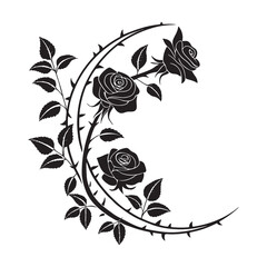 Black and white illustration of roses on a thorny stem curved into a crescent moon shape