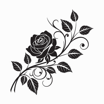 Elegant Black Rose Silhouette with Intricate Leaf Details.