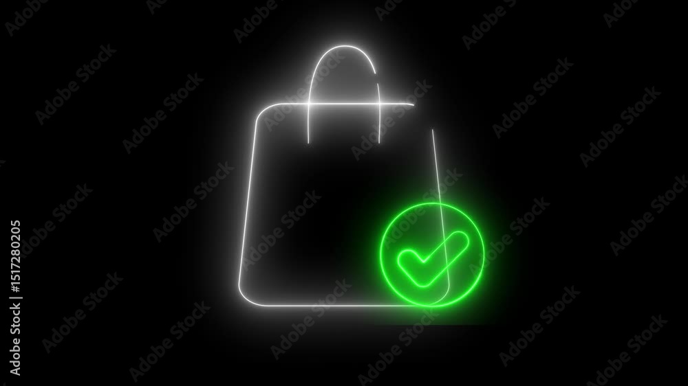 Poster neon animation of a shopping bag icon with a check mark in a circle.