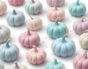 Pastel Colored Pumpkins Arranged on White Background


