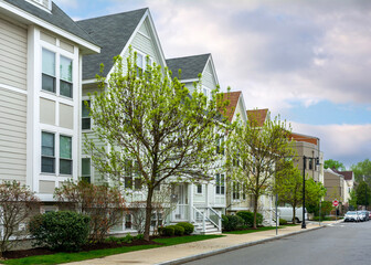 Row of modern family homes with fresh spring foliage in Brighton, Massachusetts, USA
