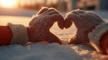 A pair of winter gloves carefully arranged in a heart shape atop a pristine snow-covered surface, bathed in the golden glow of a warm sunset. Holiday themes, love stories, winter celebrations