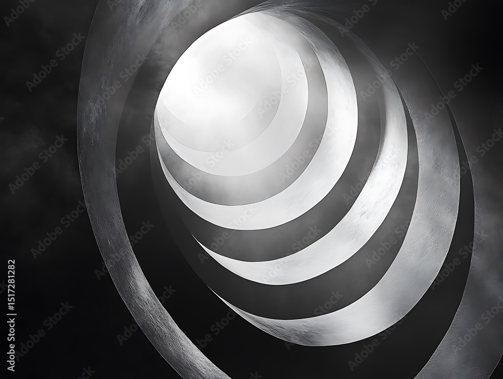 Poster dramatic monochrome rendering of spiral architecture forming abstract pattern