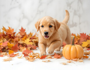 Golden Retriever Puppy with Pumpkin and Autumn Leaves

