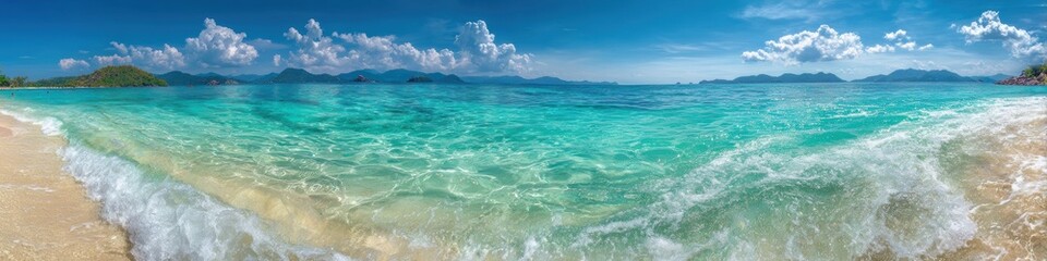 A breathtaking tropical beach panorama featuring crystal-clear turquoise waters and soft white sand, set beneath a vast blue sky adorned with abstract cloud formations. Tourism, Advertising, Branding 